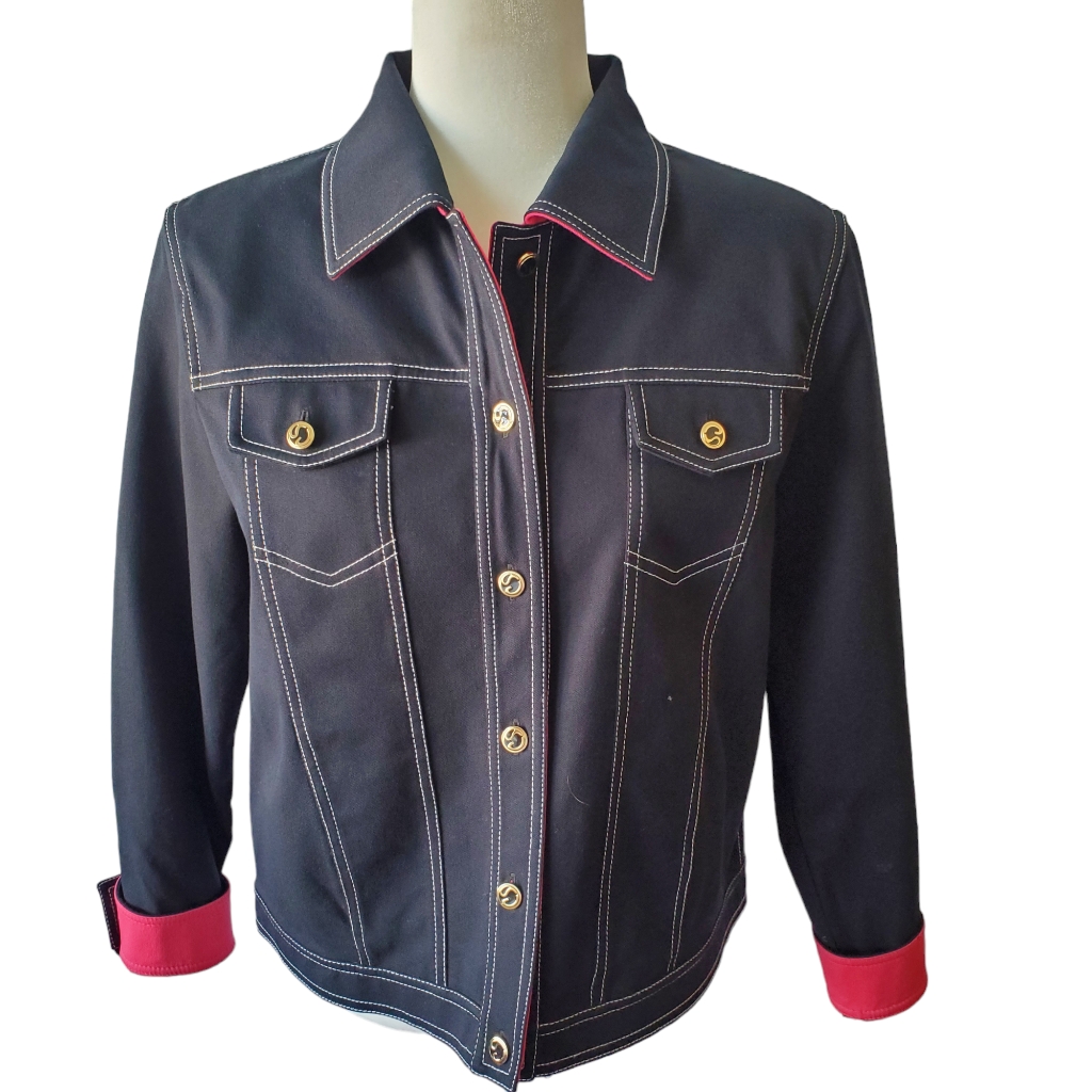 St John Sport Jean Jacket Womens Small Contrasting Cuff Stretch Black Hot Pink S
